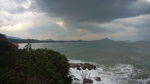 Large storm waves crashing on rocks in slow motion Stock Footage 111471070