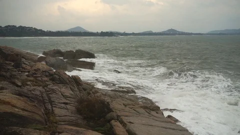 Large storm waves crashing on rocks in slow motion Stock Footage 111471254