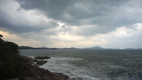 Large storm waves crashing on rocks in slow motion Stock Footage 111471401