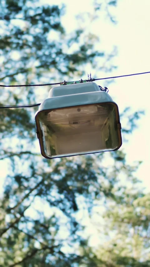 A large street lamp is hanging. Pine forest.. Close-up, against the background Stock Footage 317704169