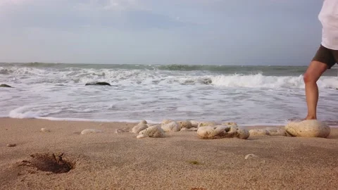 Large strong waves, white foam. Sky with clouds. Sandy beach, large stones Stock Footage 138531102