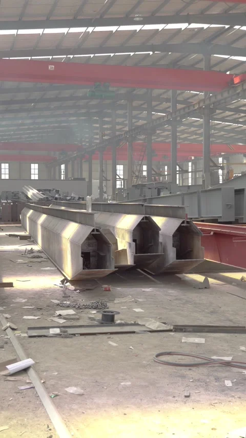 Large Structural Steel Girders in Heavy Steel Fabrication Factory Stock Footage 339384323