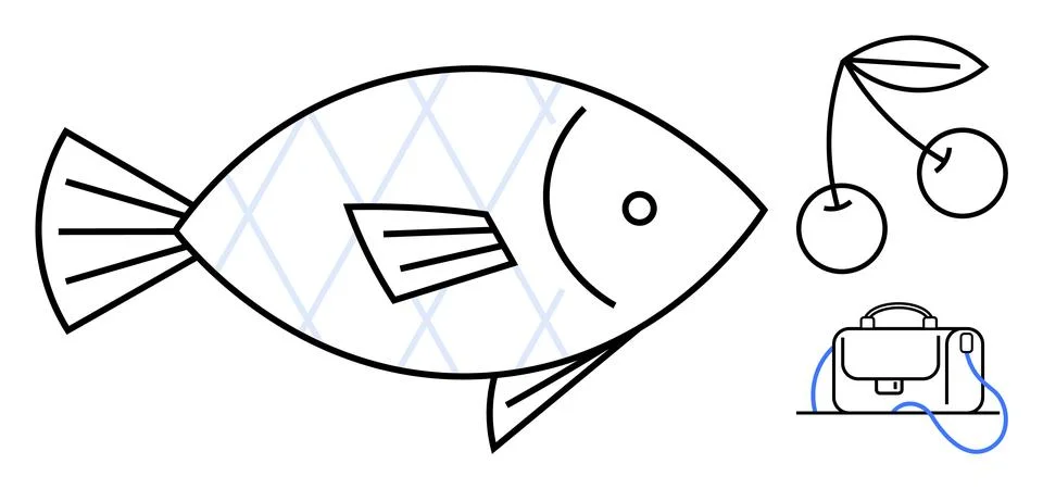 Large stylized fish with scale pattern cherry pair with leaf and stem briefca Stock Illustration