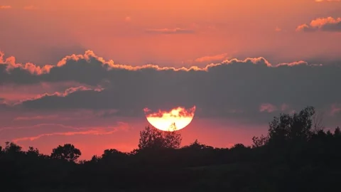 Large Sun Setting Behind Trees over Lake Stock-Footage 345035482