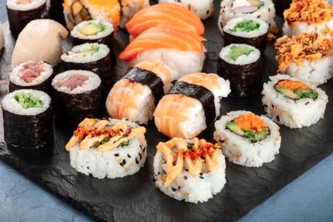 Large sushi set close-up. Various maki, nigiri and rolls Fotos Stock