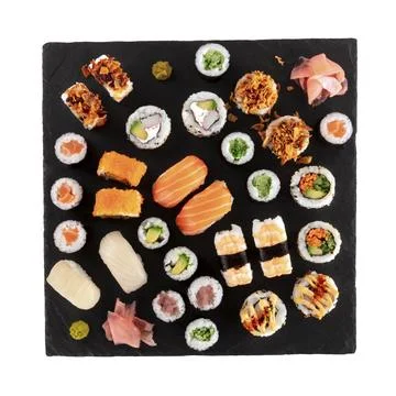 Large sushi set, isolated on a white background with a clipping path, shot from Stock Photos