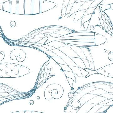 Large sweeping nets, fish and bubbles weaving across pale aqua surf with dynamic Stock Illustration