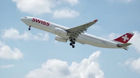 Large SWISS Airbus A330 Passenger Airplane Take Off and Flying at Airport Stock Footage 84088951