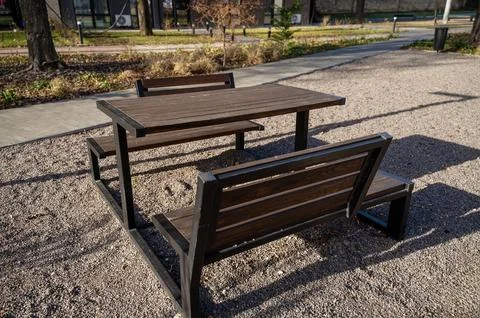 Large table and benches made of wood Stock Photos