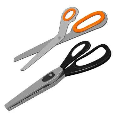 Large tailor scissors for sewing with orange handles and scissors with zigzag Illustrazione stock