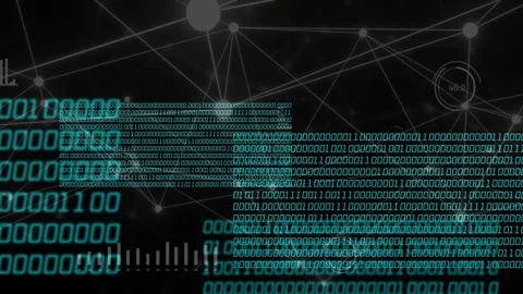 Large teal binary panels sliding from sides, highlighting node web and revealing Video stock 333526044
