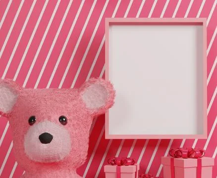 Large Teddy bear and gift box theme for your design. Blank frame for mock up. Stock Illustration