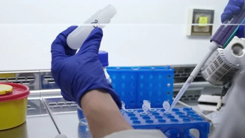 A large test tube to small Eppendorfs in a blue rack. Stock Footage 166394256