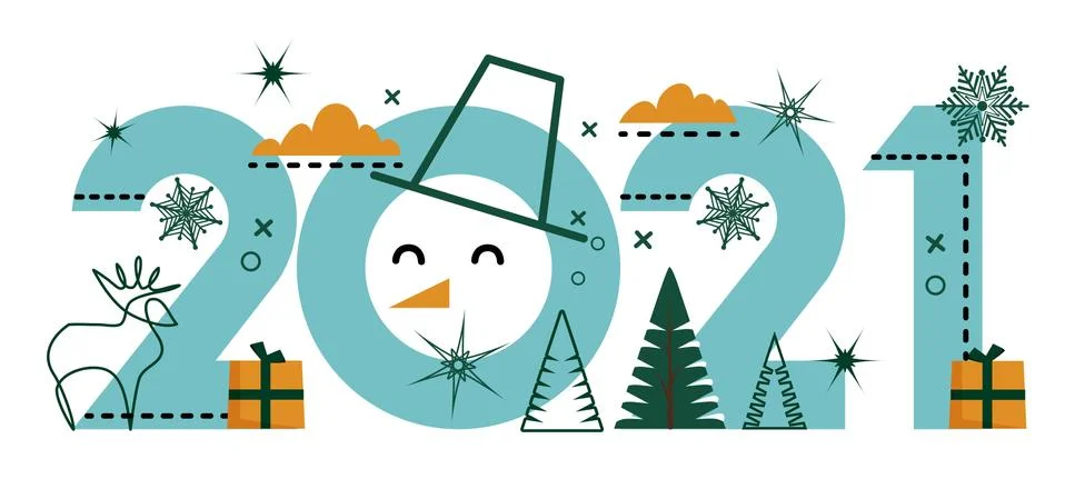 Large text caption 2021. Font design with deer, snowflakes and gift boxes. 스톡 일러스트