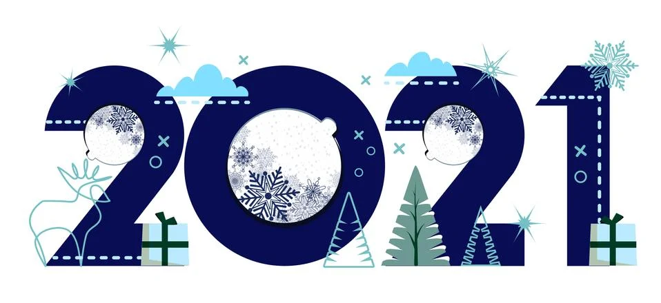 Large text caption 2021. Font design. Deer, fir trees and christmas balls icons. Stock Illustration
