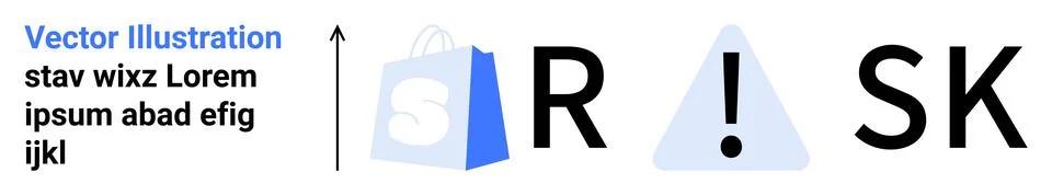 Large text spells RISK with a warning triangle and shopping bag icon replacin Illustrazione stock