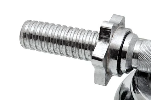 Large thread with screw for fastening discs of additional weight. Stock Photos