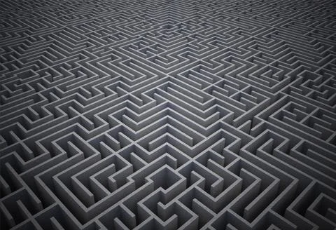 Large three-dimensional concrete maze walls are stretching along corridor grid Stock Illustration