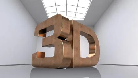 Large three-dimensional copper letters. The inscription 3D. Large white room. Illustrazione stock