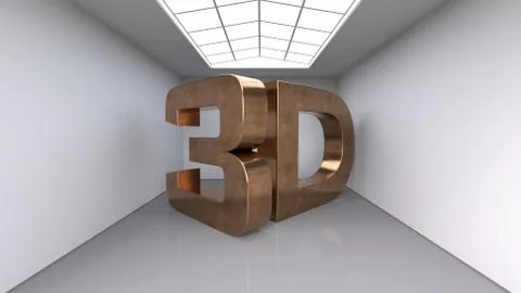 Large three-dimensional copper letters. The inscription 3D. Large white room. Stock Illustration