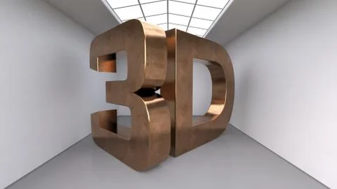 Large three-dimensional copper letters. The inscription 3D. Large white room. Illustrazione stock