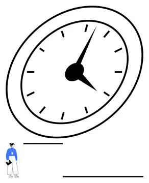 Large tilted clock with bold hands and a tiny figure carrying documents. Idea Stock Illustration