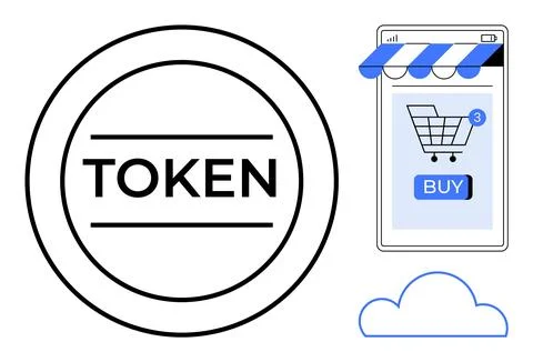 Large TOKEN text within a circular border next to a smartphone displaying an  Stock Illustration