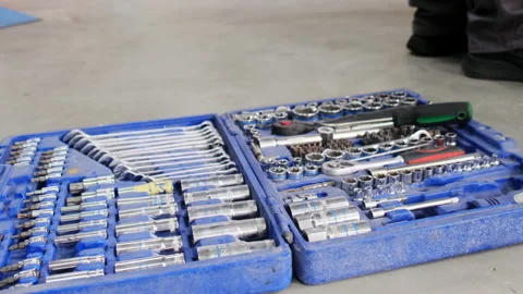 Large toolbox stands on floor in special car service hall Video stock 317638250