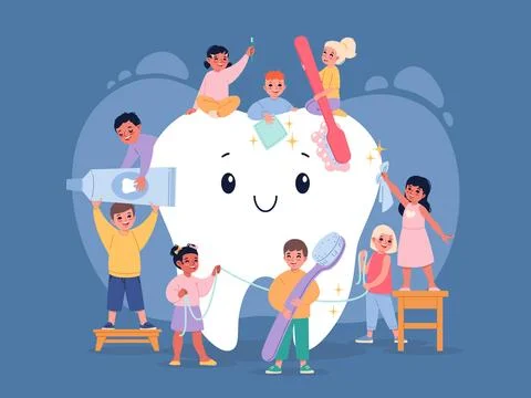 Large tooth with tiny kids. Little children clean big smiling tooth, oral イラスト素材