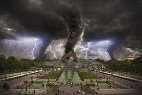 Large tornados destroying the Eiffel Tower Stock Illustration