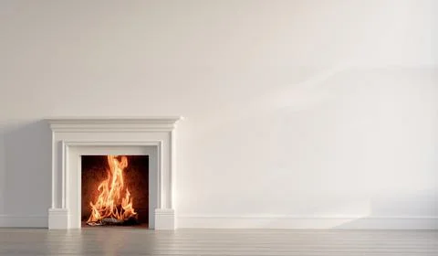Large traditional fireplace with roaring fire. Empty mantle piece mockup shelf Stock Illustration