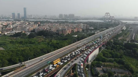 Large traffic jam at multi-level traffic intersection Stock Footage 113808705