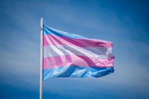 Large trans pride flag with pastel stripes in Lisbon Portugal Stock-Fotos