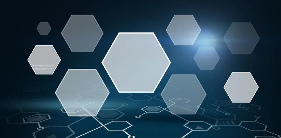 Large translucent hexagon is floating above blue gradient 3D interface, stylized Stock Illustration