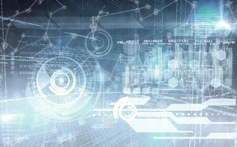 Large translucent HUD chart floating above 3D grid with binary code, bar graphs, Stock Illustration