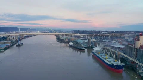 Large Transportation Ship Loading Cargo in Portland Oregon Stock Footage 146681773