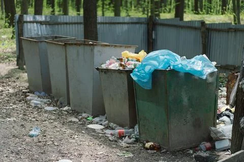 Large trash cans in the forest. Garbage Stock Photos