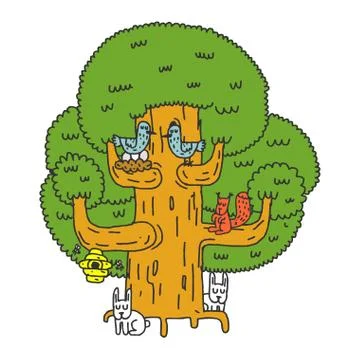 Large tree and Forest animals. Oak and squirrel. Hares and birds. Nest on tre Stock Illustration