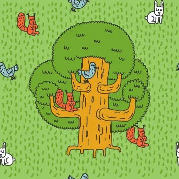 Large tree and Forest animals pattern. Oak and squirrel. Hares and birds. Nes Ilustración de archivo