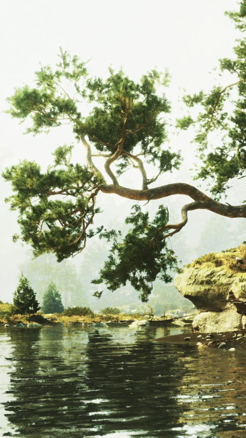 A large tree leans over a body of water in a forest area Stock Footage 331750174