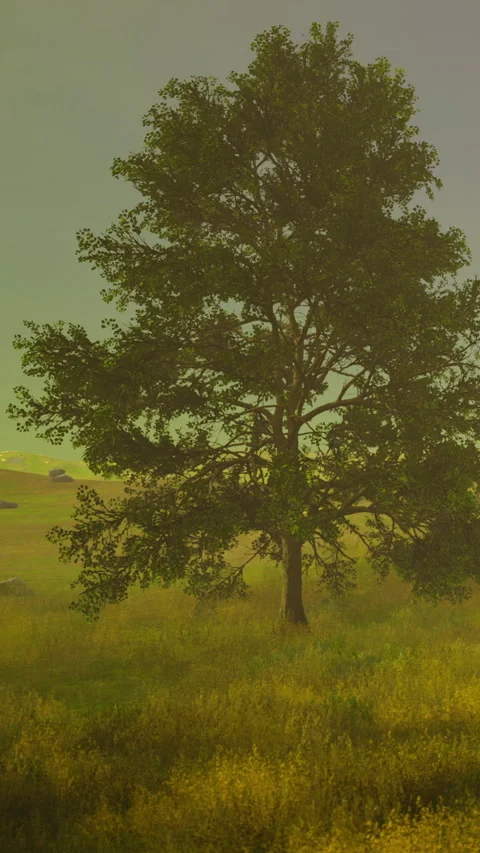 Large tree stands alone in green field under clear sky Video stock 335969151