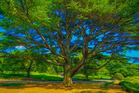 A large tree with a thick trunk and branches in Akishima City, Tokyo. Stock Photos