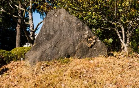 Large triangular boulder on hill. 스톡 사진