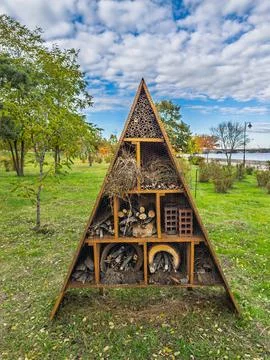 Large triangular insect hotel structure in urban park near lake with natural Stock Photos