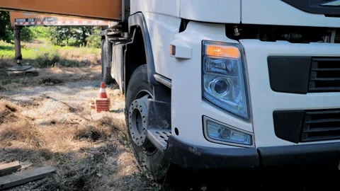 A large truck with emergency lights. Pump for pumping cement mortar Stock Footage 201319975