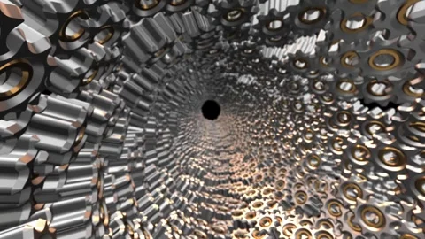 Large tunnel with rotating gears. 3D animation of a cave with iron mechanisms. Stock Footage 266582866