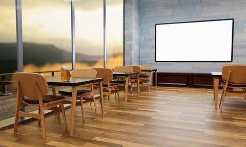 A large TV screen mounted on a wall in a restaurant or coffee shop. A large p Stock Illustration