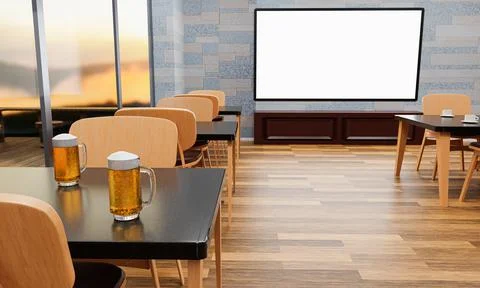 A large TV screen mounted on a wall in a restaurant or coffee shop. A large p Stock Illustration