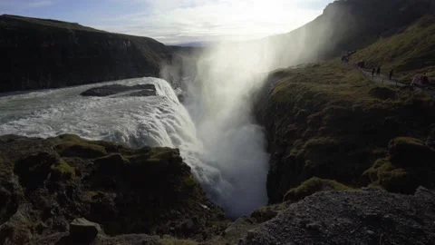 Large two-level Gullfoss waterfall. A huge mass of water Stock Footage 130473222