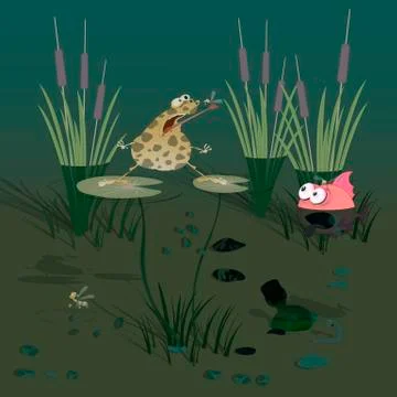 A large ugly toad catches insects by jumping over water lilies on a pond. Vec Stock Illustration